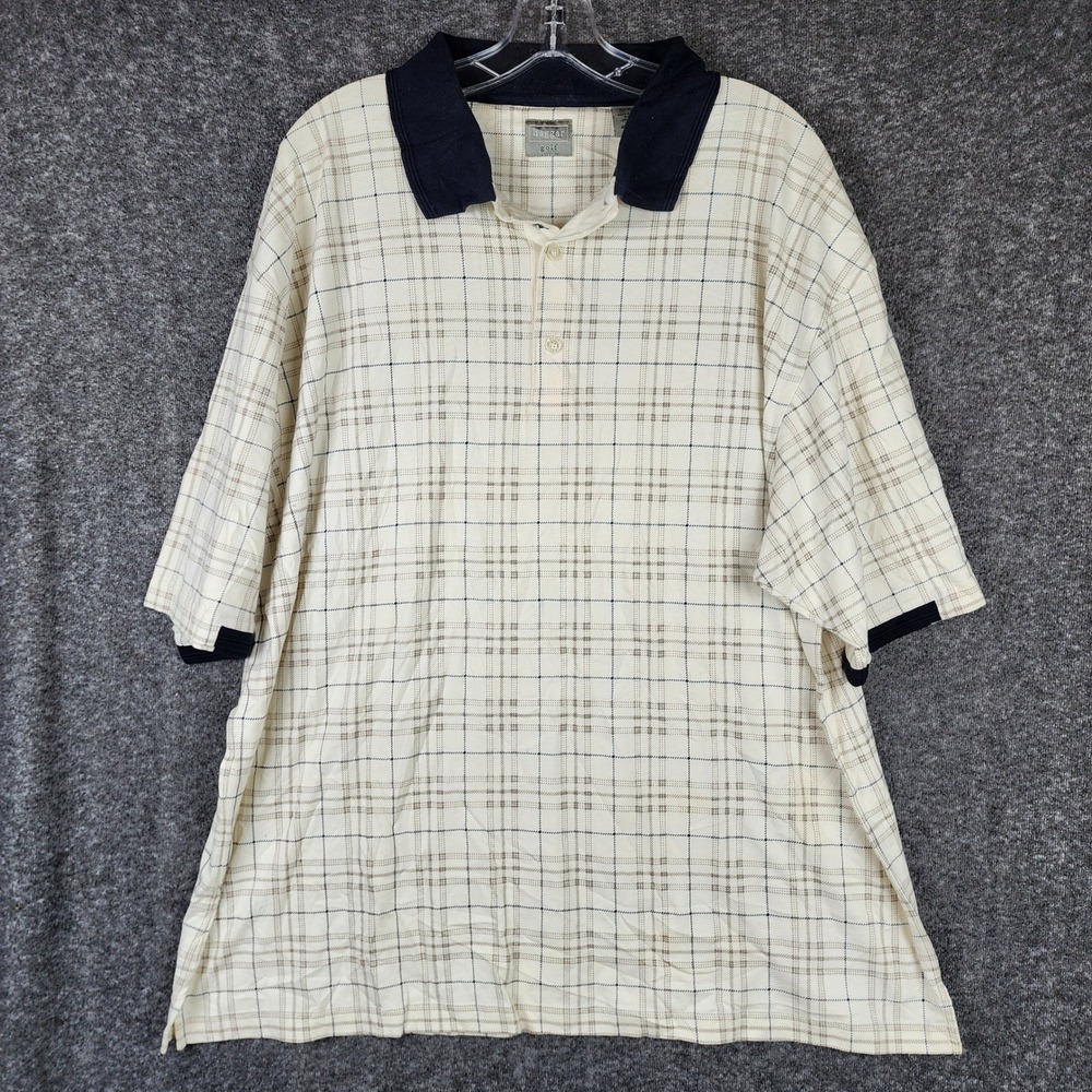 Haggar Golf Polo Shirt Men 2XL Cream Navy Plaid Cotton Short Sleeve Classic